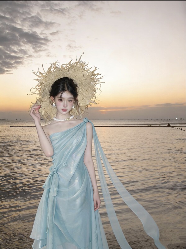 2026 Summer Pure and Elegant Waist-Slimming Dress with French High-End Atmosphere, Off-Shoulder Beach Vacation Long Dress