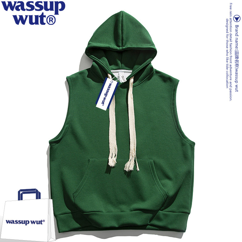 Wassup Wut American Street Style Hooded Vest T-Shirt Men's Trendy Sleeveless T-Shirt Spring Outerwear Vest Sweatshirt