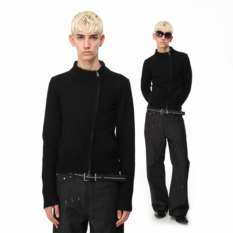 51 Hip-Hop Double-Zipper Diagonal Half-High Collar Wool Blend Textured Short Regular Shoulder Slim-Fit Sweater Jacket for Men 51 Hip-Hop Double-Zipper Diagonal Half-High Collar Wool Blend Textured Short Regular Shoulder Slim-Fit Sweater Jacket for Men