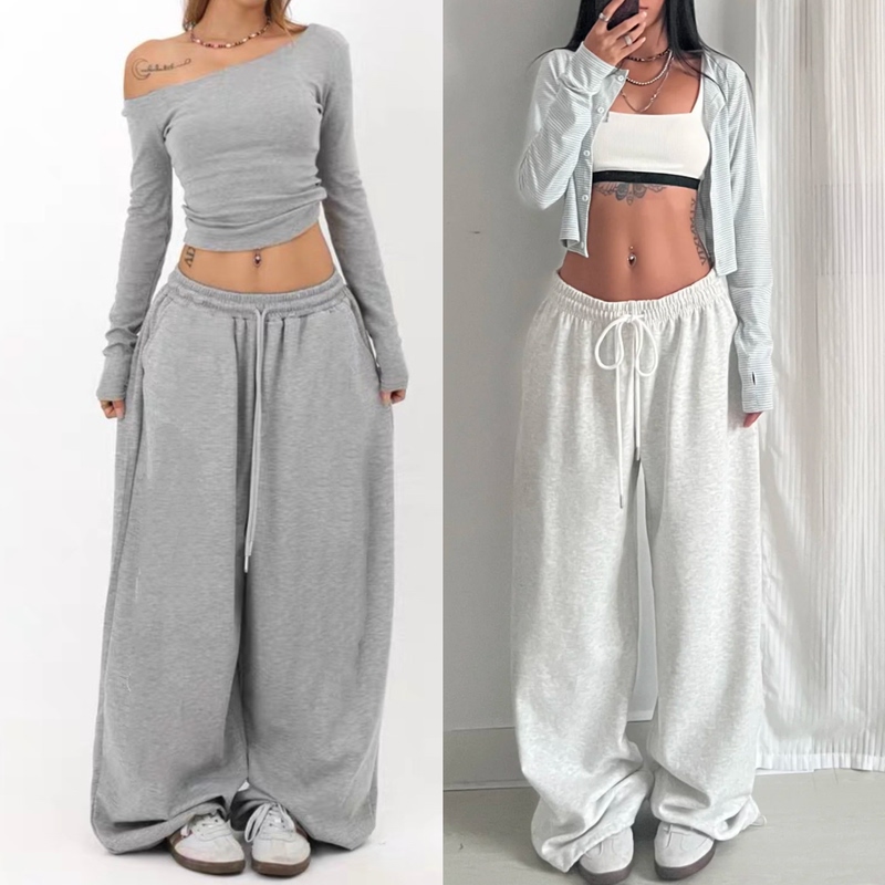 American-Style Original Basic Hip-Hop Dance Pants for Women, Gray, Lazy, Loose, Jazz Wide-Leg, Floor-Length Casual Sweatpants