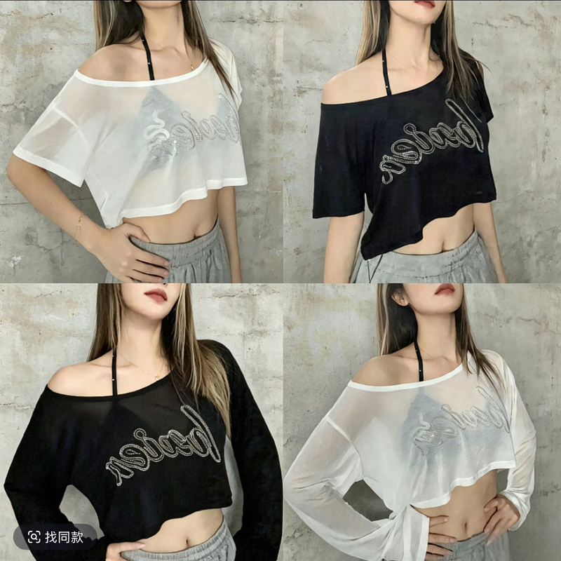 American-Style Spicy Girl Rhinestone Lettered One-Shoulder Short-Sleeve T-Shirt for Women, Loose Dance Top, Short Cover-Up American-Style Spicy Girl Rhinestone Lettered One-Shoulder Short-Sleeve T-Shirt for Women, Loose Dance Top, Short Cover-Up