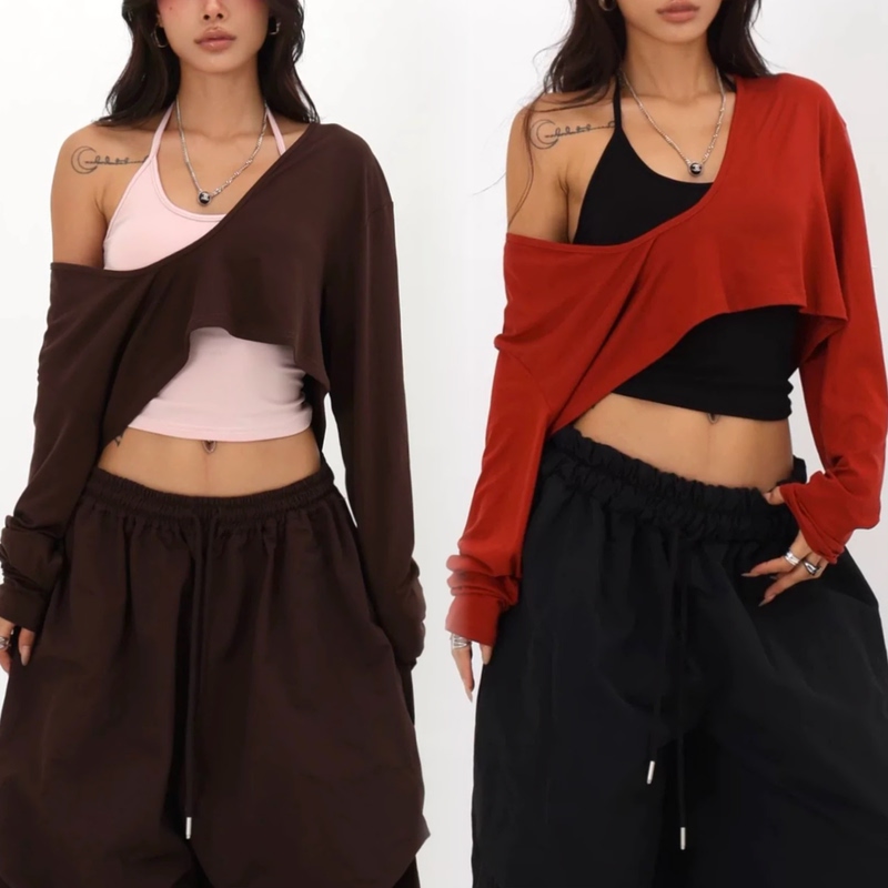 Meilade Spicy Girl Jazz Off-Shoulder Two-Piece Set for Women, Hip-Hop Loose Fit, Slimming Versatile Base Shirt, Sexy Top
