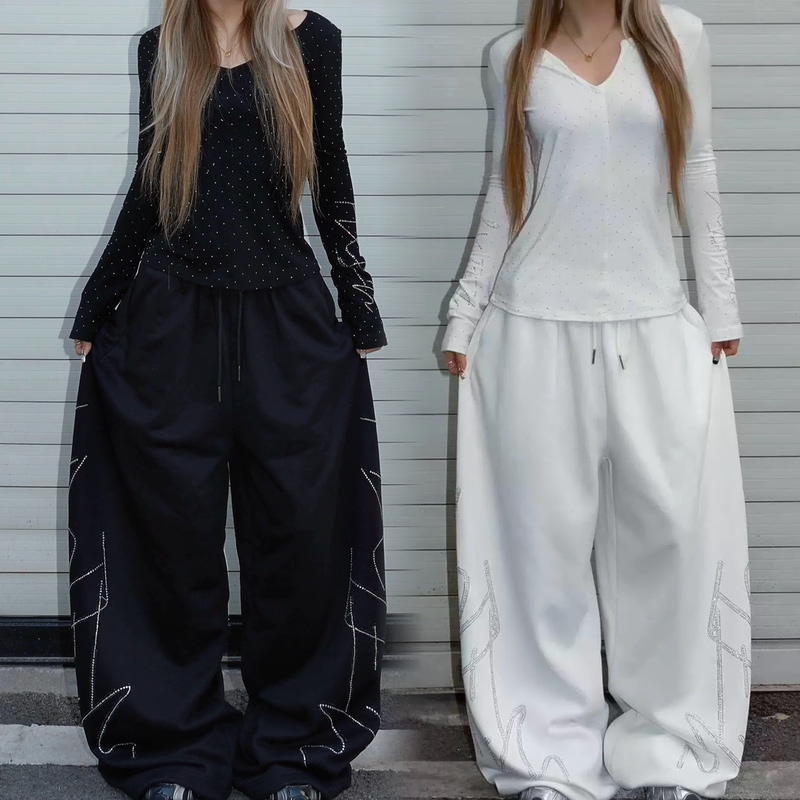 American-Style Original Rhinestone Super Shiny Large Pattern Sparkling Pants for Men and Women, Street Dance Jazz Wide-Leg Drawstring Sports Trousers