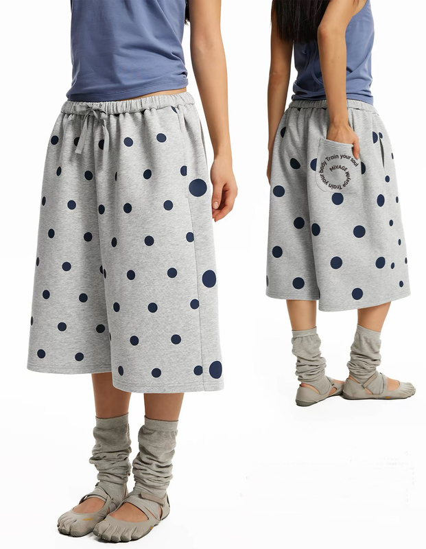 American-Style Polka Dot Air Flow Cropped Pants with Swirl Print, Unisex Jazz Loose Versatile Sports Wide-Leg Shorts Trendy American-Style Polka Dot Air Flow Cropped Pants with Swirl Print, Unisex Jazz Loose Versatile Sports Wide-Leg Shorts Trendy