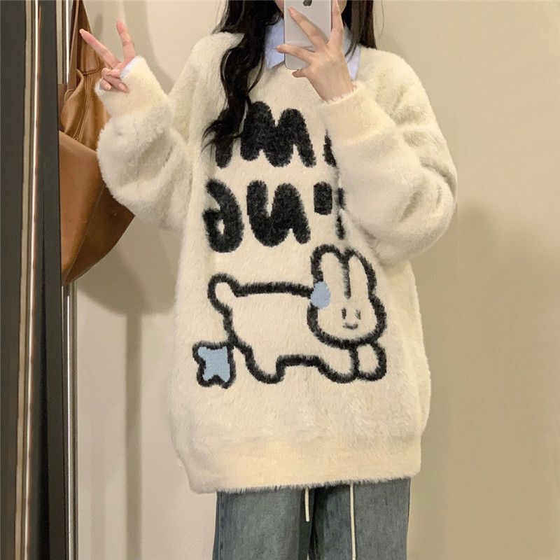 Autumn and Winter New Japanese Sweet and Lazy Style Cartoon Rabbit Sweater for Women, Loose Long-Sleeved Knit Top, Soft and Trendy Autumn and Winter New Japanese Sweet and Lazy Style Cartoon Rabbit Sweater for Women, Loose Long-Sleeved Knit Top, Soft and Trendy