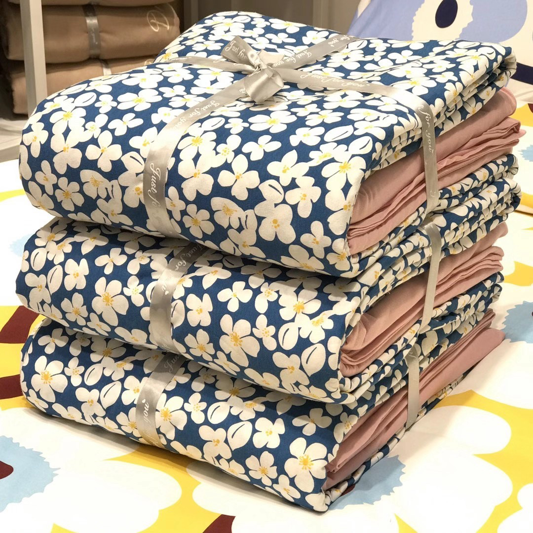 ins wind A class of pure cotton knit cotton four sets teenage girl hearts geranium high gram heavy nude sleep quilt cover sheet super soft