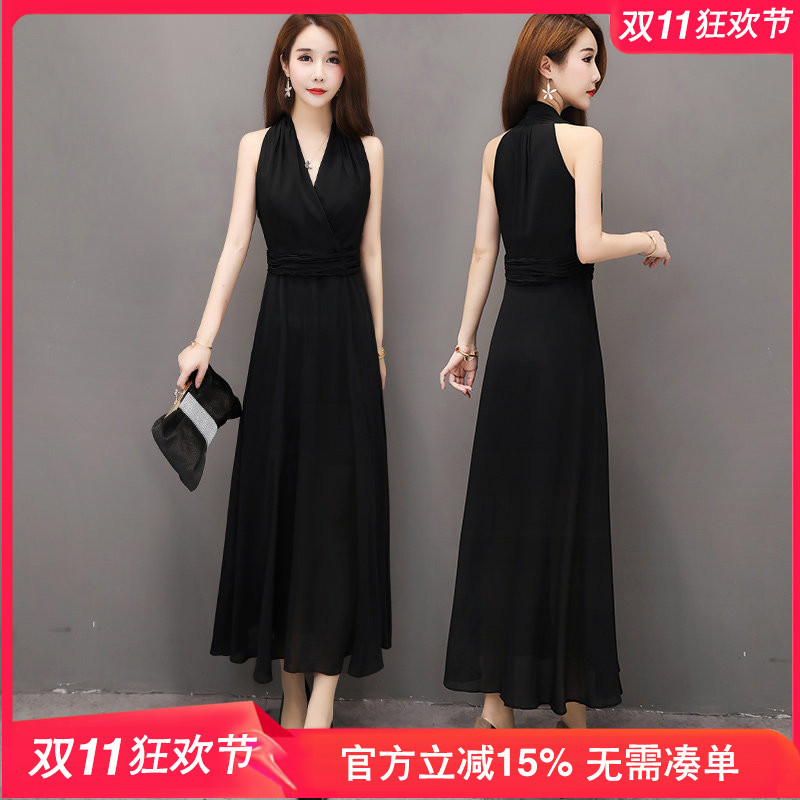 Black Chiffon Dress for Women, Summer Slim Fit, Long Skirt, Sexy Halter Neck, Seaside Vacation Beach Dress, Long Skirt