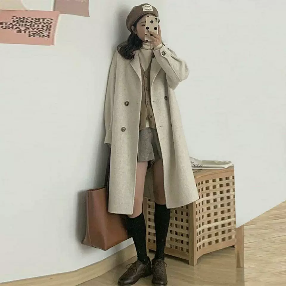 Woolen coat, long demi-season jacket, mid-length, for teenagers, Korean style