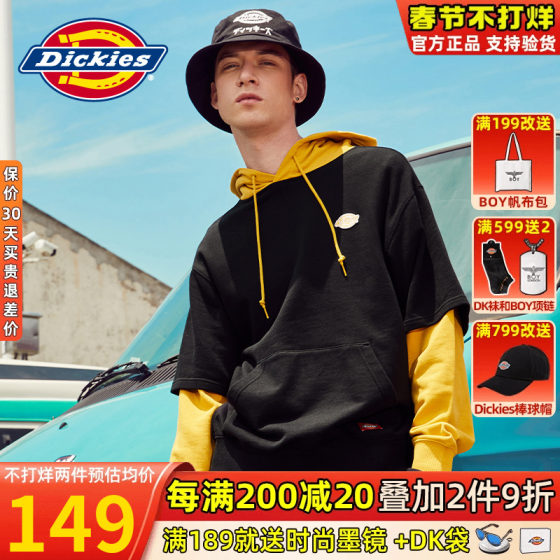 Dickies 프린트 패치워크 스웨트 셔츠 가짜 투피스 남성 2024 겨울 신작 후드 탑 커플 착용 9584