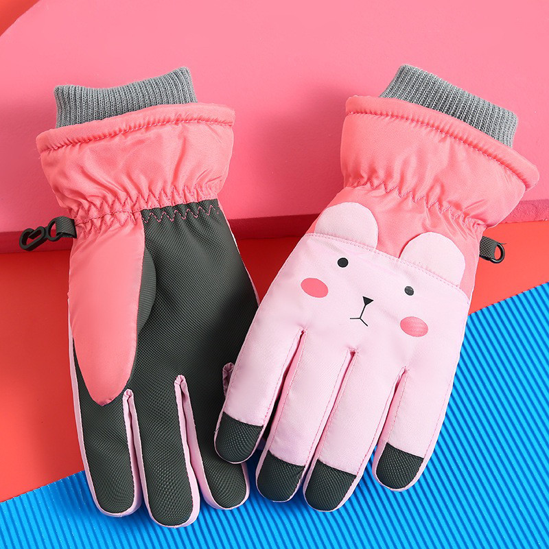 Children's ski gloves for men and women in winter cold proof and waterproof plus thickened cycling cartoon cute cotton gloves