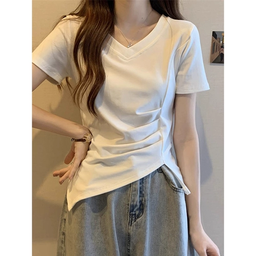 Розовая летняя футболка, V-образный вырез, 2025 года, облегающий крой