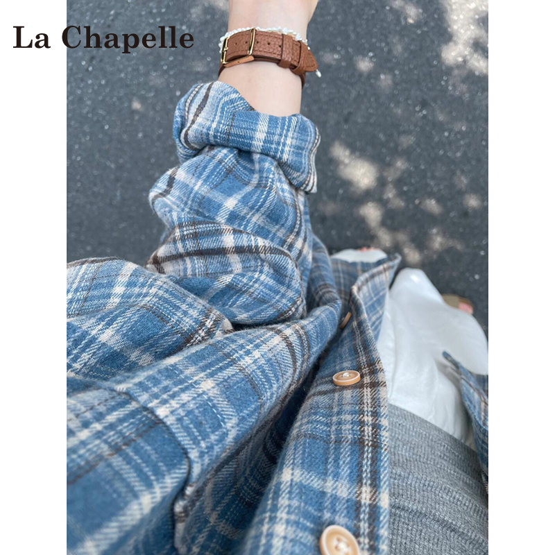 La Chapelle アメリカンブルーのチェック柄シャツ女性の秋冬 2024 新しいレトロなルーズスリムコートトップ