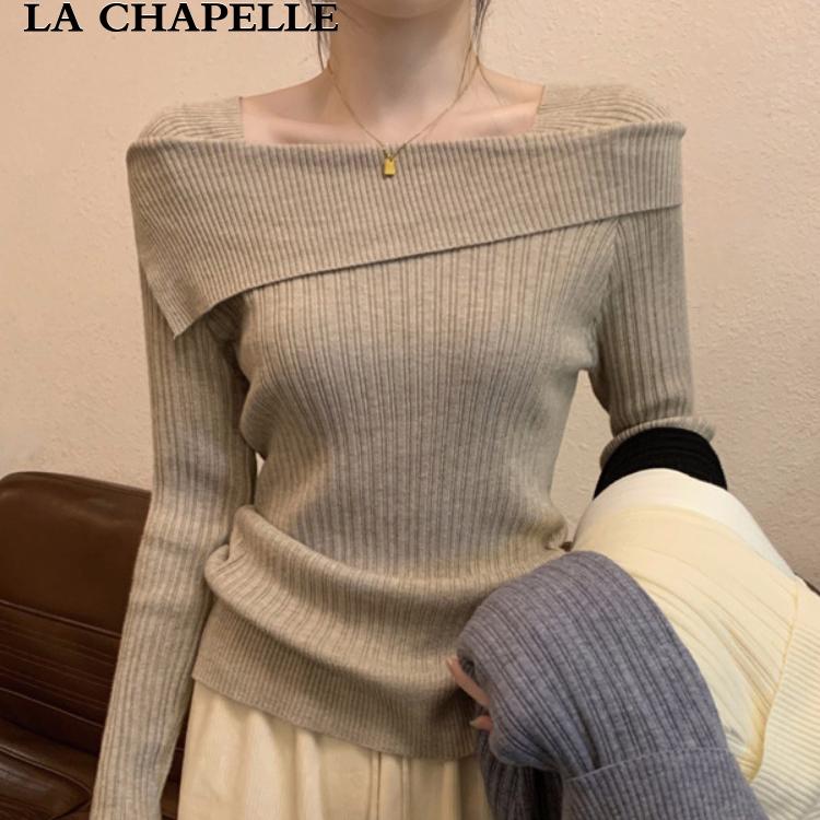 ラ・シャペルの夏用ワンショルダーニットボトムシャツ（レディース）、インナーにイレギュラーセーター、フレンチオフショルダーの長袖トップス