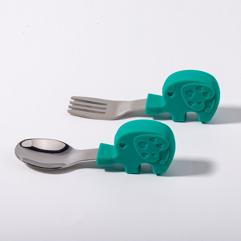 Stainless steel short handle spoon fork baby to learn to eat spoon baby tableware training auxiliary eating artifact kit