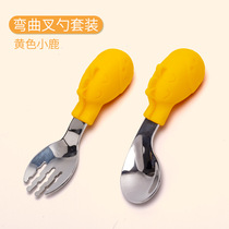 Baby learning to eat training stainless steel fork spoon childrens tableware set complementary food artifact spoon silicone short handle spoon