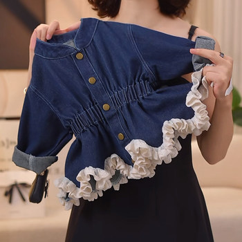 Girls spring denim jacket 2026 new girls style mid-length cartoon splicing lace sweet denim skirt