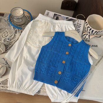 Girls summer style knitted vest and butt pants two-piece set 2026 summer new girl cute fashion set