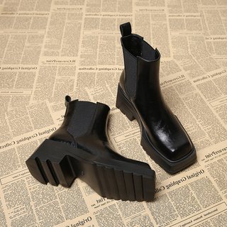 Genuine Leather Thick-Soled Square-Toe Chelsea Short Boots for Women, 2025 New Autumn and Winter Super Popular Style, Perfect for Petite Figures, Stunning Fashion Boots