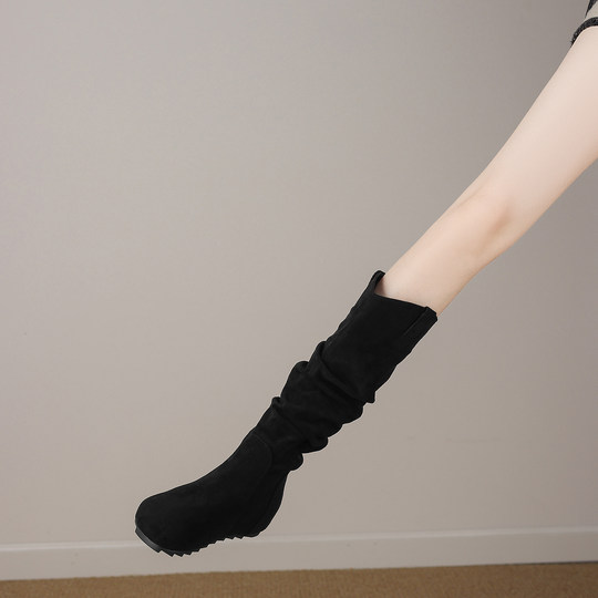 Genuine Leather Inner Height-Increasing Knee-High Pleated Long Boots for Petite Women, 2025 Autumn and Winter European and American Style High Boots