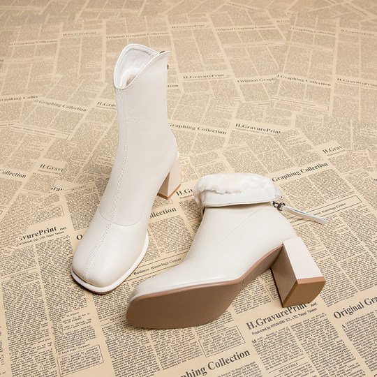 Genuine Leather, Very Stylish, Fleece-Lined, Fashionable High-Heeled Short Boots for Women, Cotton Shoes, 2025 Autumn and Winter New Model, Warm Furry Snow Boots