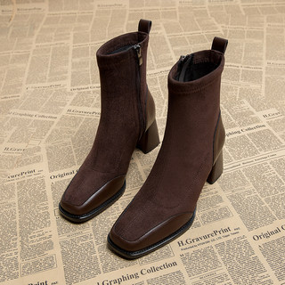 2025 Chunky Heel Trendy Spring and Autumn High-End Slim Boots for Women, Autumn and Winter Brown High-Heeled Short Boots, Early Autumn French Style Ankle Boots