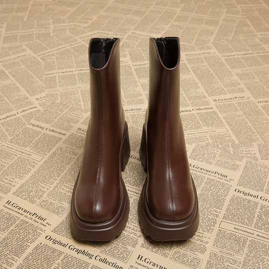 Genuine Leather Platform High-Heeled Super Popular Short Boots for Women, Trendy in 2025 Autumn and Winter, New European and American Style Thick-Soled Boots