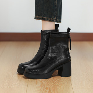 Genuine Leather Stunningly Beautiful Super Popular Square-Toe Short Boots for Women 2025 Autumn and Winter New Trendy Hot-Selling Fashion Thick-Soled High-Heeled Slim Boots