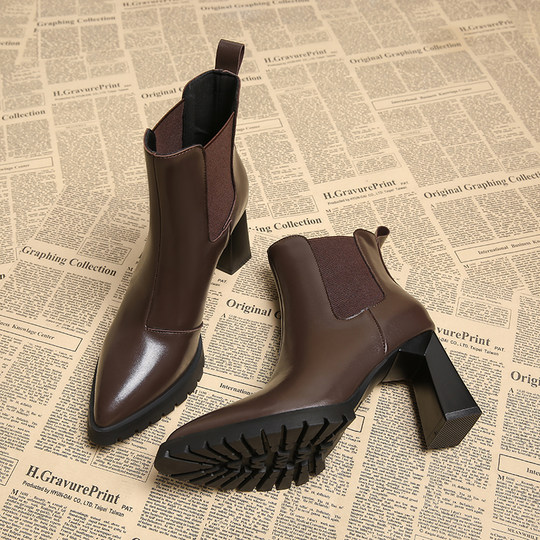Genuine Leather, Very Stylish French Pointed-Toe Early Autumn High-Heeled Ankle Boots for Women, 2025 Autumn and Winter New Chelsea Style High-Heeled Shoes