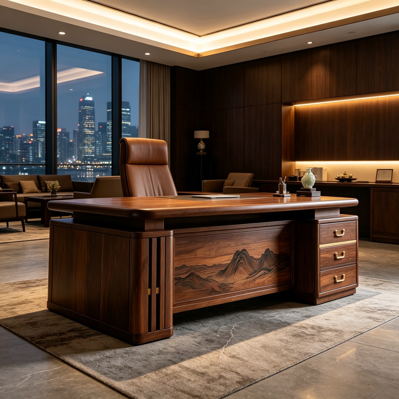 Chinese-Style Walnut Wood Landscape Carving Executive Desk, Boss Desk, President's Office Bookcase, Complete Set of Solid Wood Office Furniture Chinese-Style Walnut Wood Landscape Carving Executive Desk, Boss Desk, President's Office Bookcase, Complete Set of Solid Wood Office Furniture