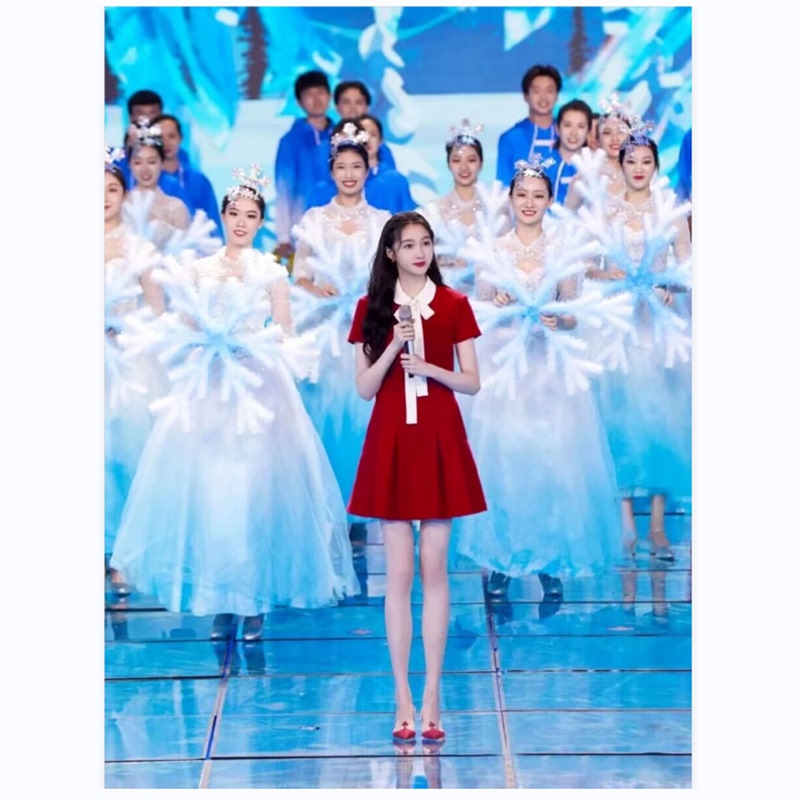College-Style Chorus Red Dress, Guan Xiaotong's Same Style Student Class Uniform, Poetry Recitation Competition Host Performance Outfit