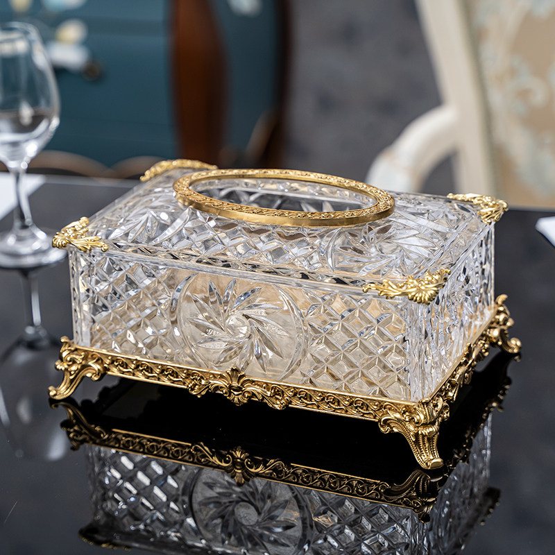 European-style transparent crystal glass with copper tissue box Luxury high-end living room dining room creative household toilet paper box ornaments