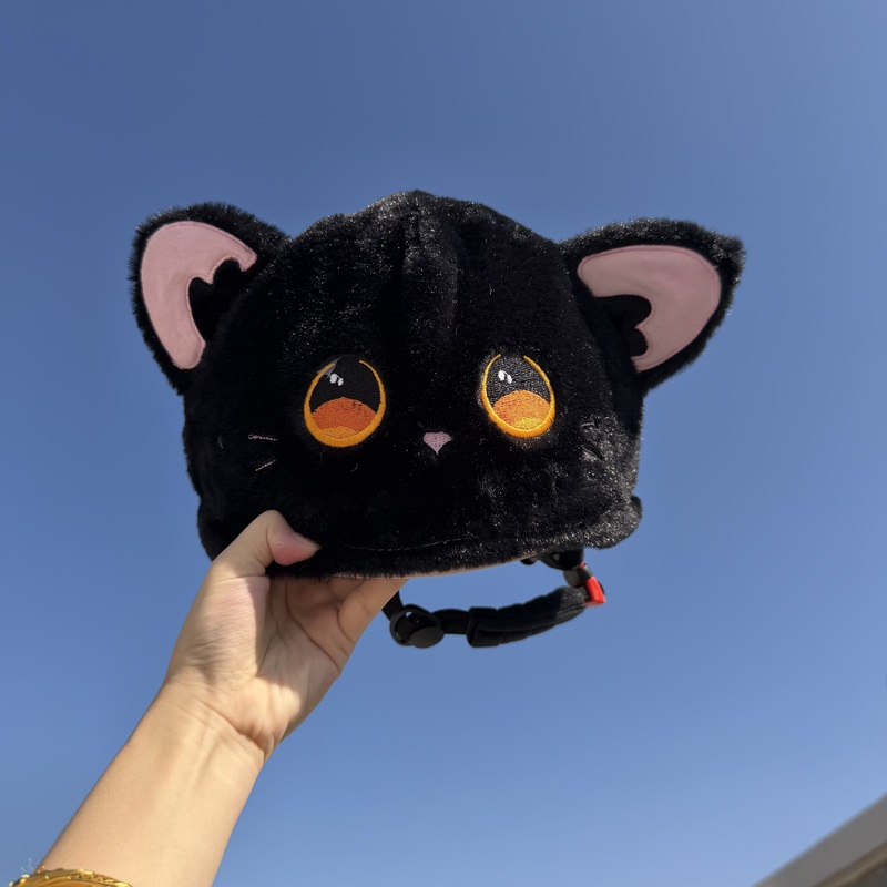 Versatile Creative Ski Helmet Cover, Cute Warm Pink Ear Black Cat Windproof Hat for Single and Double Boards