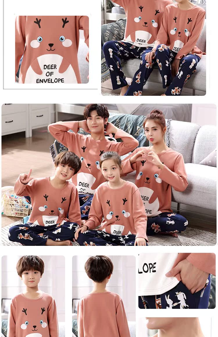 Bộ đồ ngủ cha mẹ trẻ em mùa thu dài tay cotton gia đình ba bộ đồ ngủ hoạt hình lợn pecs mẹ và con gái phục vụ nhà mùa đông đồ ngủ nam