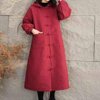 Chinese style hooded mid-length jacquard and cotton literary retro loose and versatile slimming over-the-knee cotton jacket c23 Chinese style hooded mid-length jacquard and cotton literary retro loose and versatile slimming over-the-knee cotton jacket c23