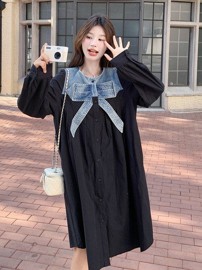 拼接牛仔蝴蝶结连衣裙女秋韩版宽松减龄森系慵懒风长袖黑色衬衫裙