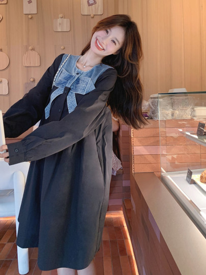 拼接牛仔蝴蝶结连衣裙女秋韩版宽松减龄森系慵懒风长袖黑色衬衫裙