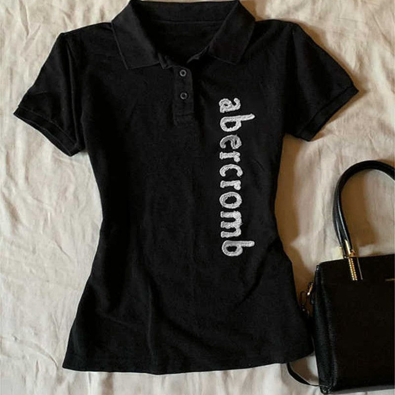 Vintage Black Polo Collar Short-Sleeved T-Shirt for Women, Summer New Style, Petite Slim-Fit Short Top Vintage Black Polo Collar Short-Sleeved T-Shirt for Women, Summer New Style, Petite Slim-Fit Short Top