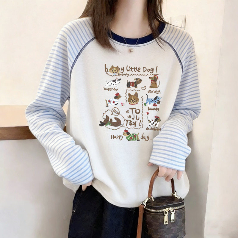American-Style Striped Raglan Long-Sleeve Printed Loose Top for Women, 2026 Early Spring New Style, Inner Layering Shirt, Casual T-Shirt