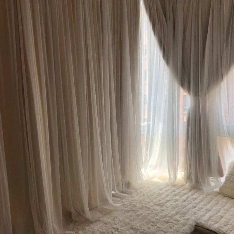2021 new double-layer curtain girly princess style bedroom simple full blackout living room white lace finished yarn