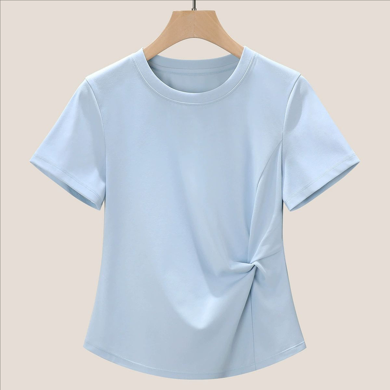 High-Quality Mercerized Long-Staple Cotton Summer Cool Irregular Shoulder Twist Slimming Plus-Size Round Neck Short-Sleeve T-Shirt for Women High-Quality Mercerized Long-Staple Cotton Summer Cool Irregular Shoulder Twist Slimming Plus-Size Round Neck Short-Sleeve T-Shirt for Women