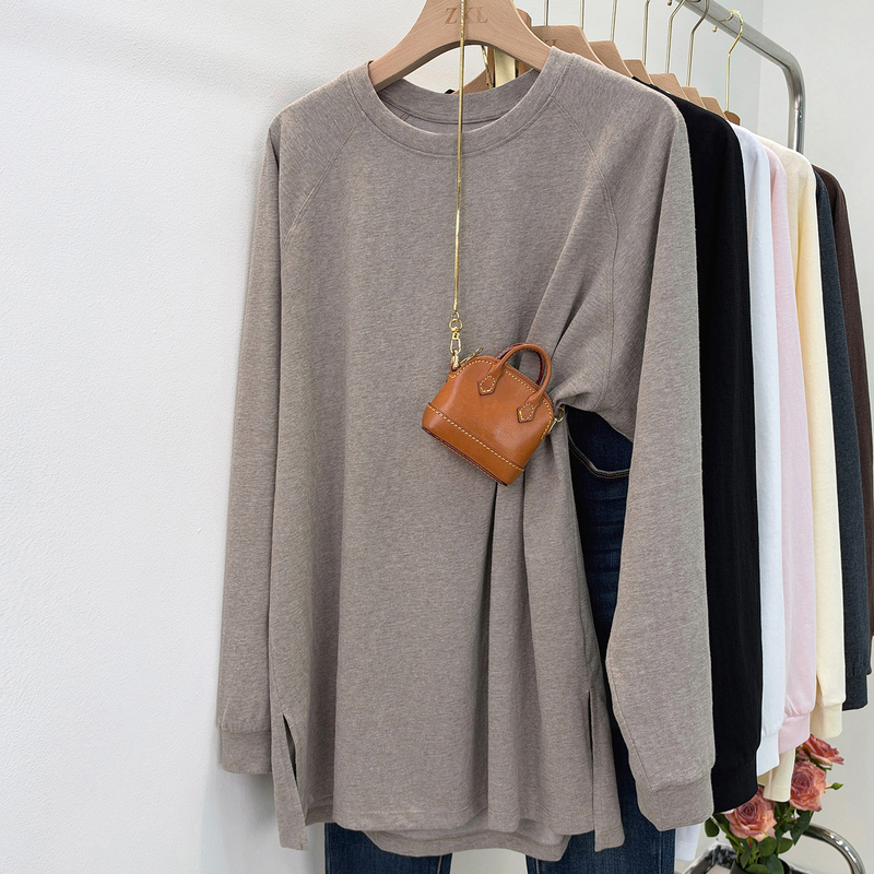 Tall Women's Oversized Loose-Fitting T-Shirt with Side Slits, Mid-Length Raglan Long Sleeves, Autumn and Winter Round Neck Top
