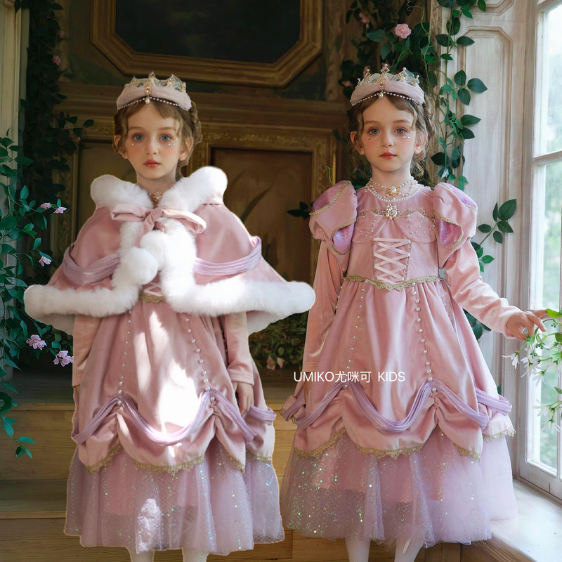 Youmi's Palace-Style Girls' Princess Dress, Long-Sleeved Little Mermaid Dress, Pink and Purple Fairy Tutu Dress