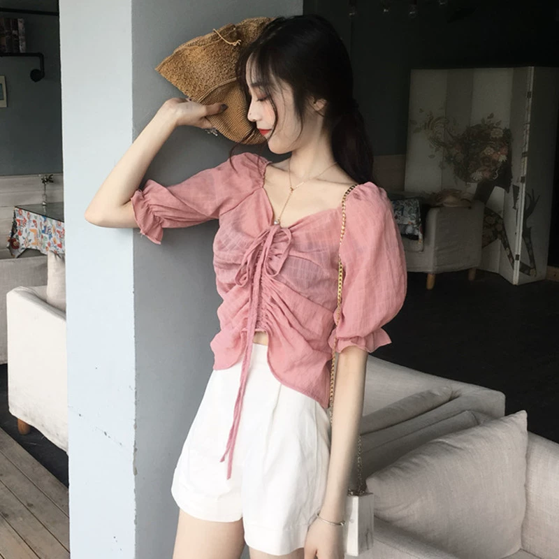Mùa hè mỏng phần v-cổ áo voan dây rút mùa hè Phiên bản Hàn Quốc của Hyun Ya phong cách ngọt ngào nhỏ tươi rốn ngắn hàng đầu phụ nữ - Áo sơ mi chiffon ren