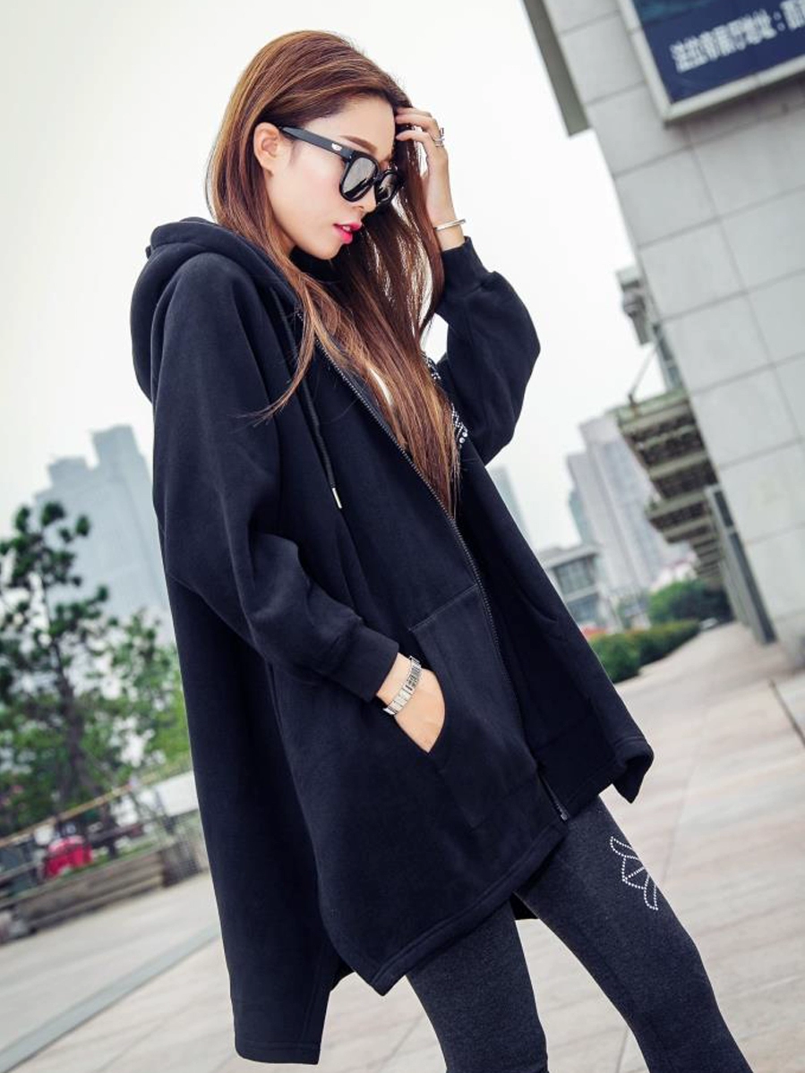 Hồng Kông phụ nữ rhinestone mùa xuân và mùa thu giữa áo len dài giải trí áo hoodie lỏng phía trước ngắn và dài trở lại áo khoác không đều - Áo len