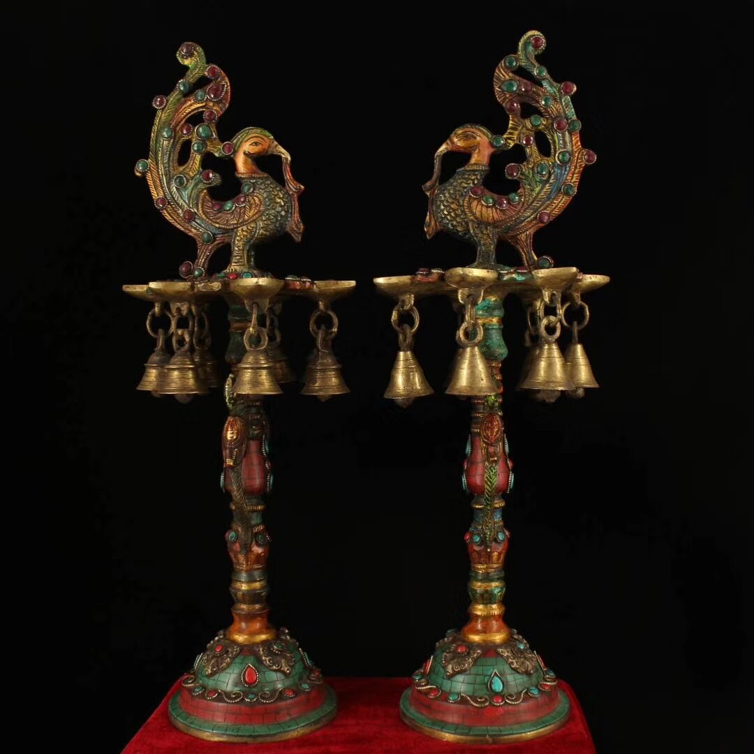 Pair of old pure copper inlaid with gemstones painted with painted gold offerings on the table with phoenix wax on the table