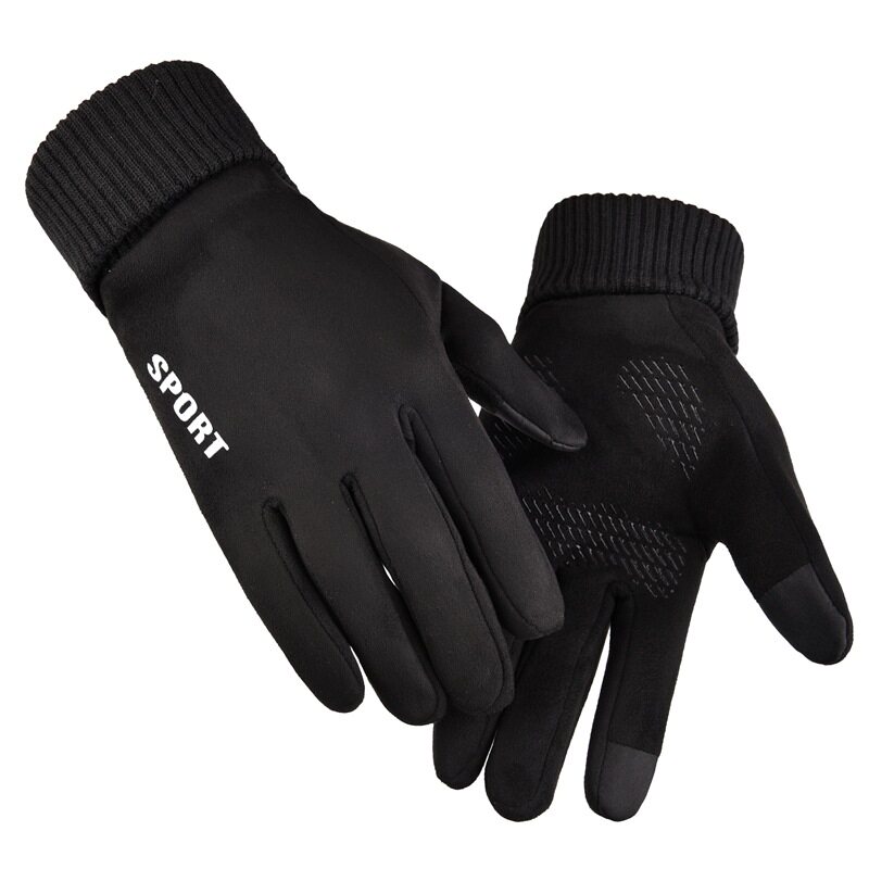 Suede gloves men's winter Korean version full finger warm plus velvet touch screen outdoor windproof running driving riding non-slip