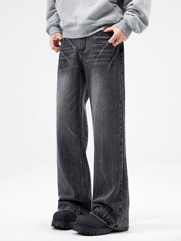 Pscett New Trendy Design Lightning Pattern Washed Vintage Cleanfit Straight-Leg Flared Jeans