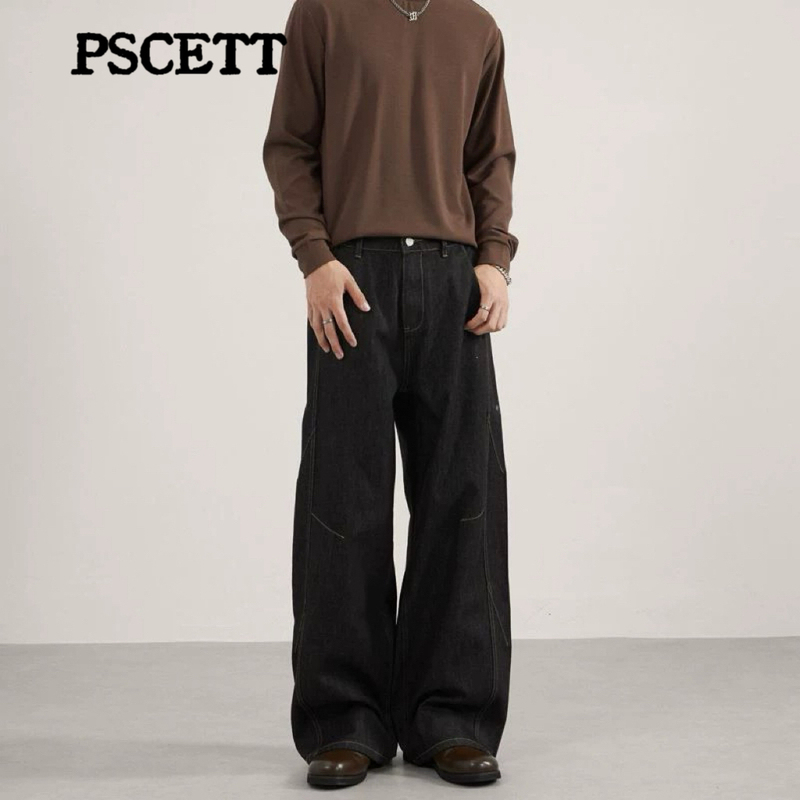 Pscett American Retro Loose Straight-Leg Unisex Washed Drapey Deconstructed Denim Original Black Jeans