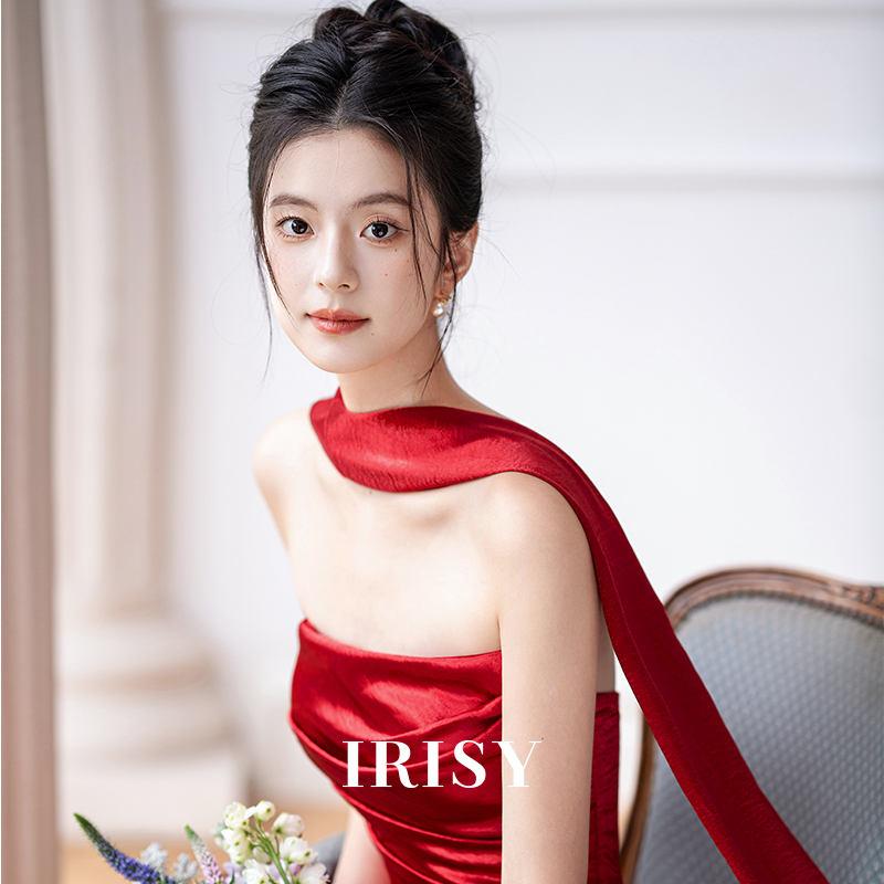 Irisy "Xia Fei Fuguang" Red Strapless Bridal Wedding Toast Dress, Light Luxury Engagement Gown, Elegant Morning Robe Irisy "Xia Fei Fuguang" Red Strapless Bridal Wedding Toast Dress, Light Luxury Engagement Gown, Elegant Morning Robe