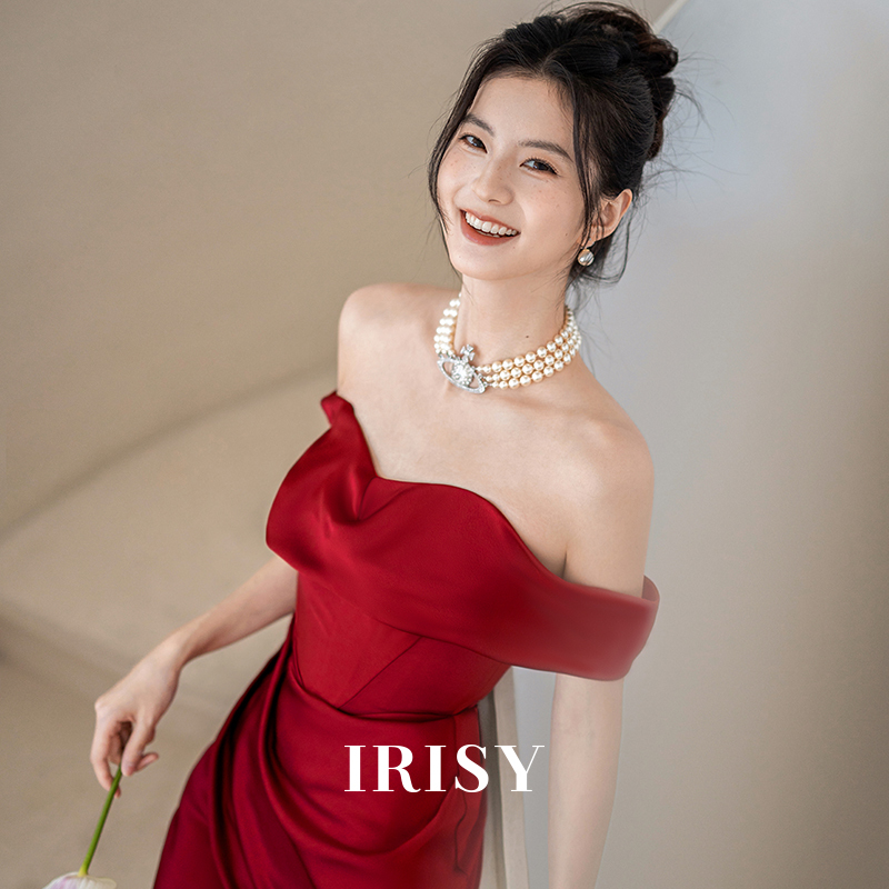 Irisy "Aphro" Strapless Engagement Dress for Women, Red Bridal Toast Dress, Light Luxury Niche Evening Gown